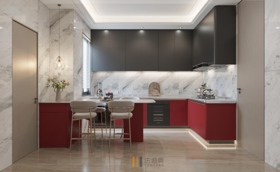 Minimalist Line Galley Modern Kitchen Cabinet In Red And Black With Extended Countertop