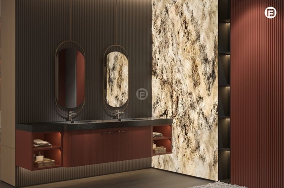 Sophisticated Blush Red Stainless Steel Bathroom Cupboard With Dual Sided Grid Wall Panels