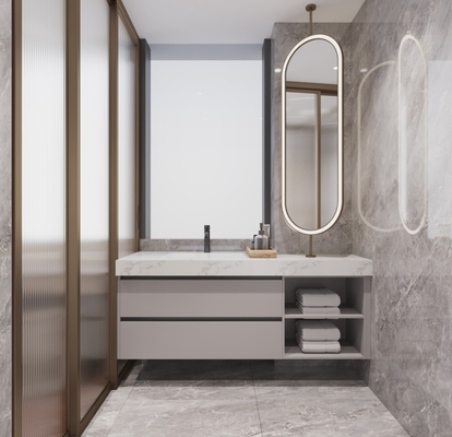 Moisture Proof Commercial Bathroom Sink Cabinets With Adjustable Oval Mirror