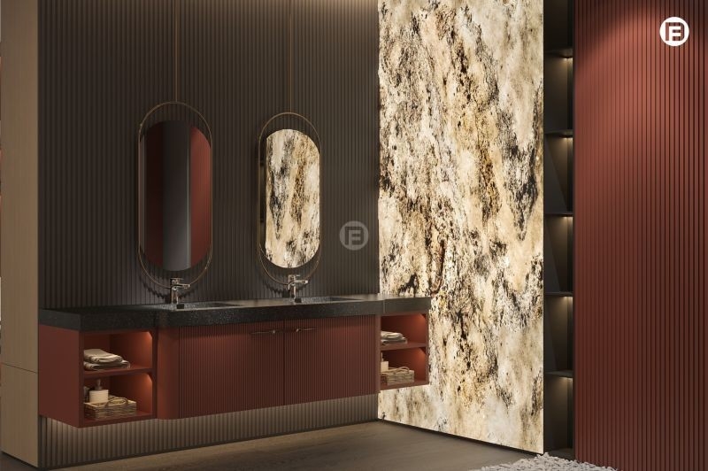 Sophisticated Blush Red Stainless Steel Bathroom Cupboard With Dual Sided Grid Wall Panels