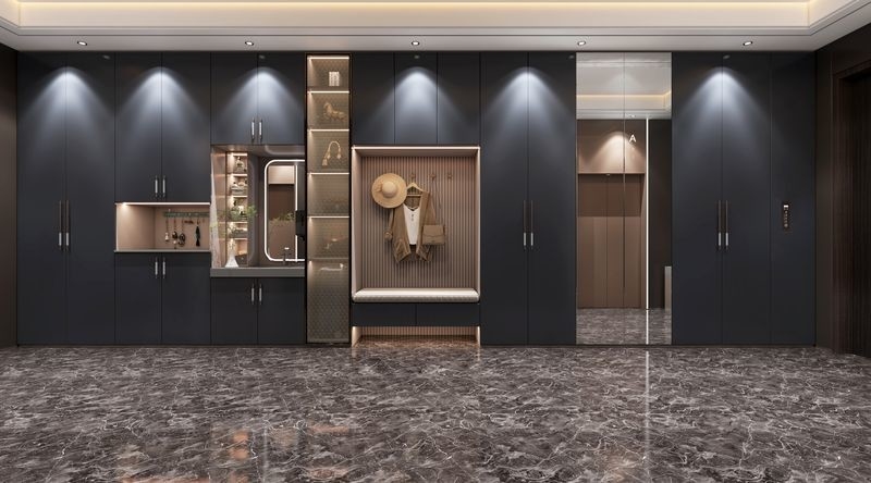 Sleek  Entry Way Storage Cabinet With Dark Matte Finish And LED Lighting