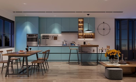 کابینت آشپزخانه ای با سبک اروپایی با طراحی زیبا و درهای آبی دریاچه