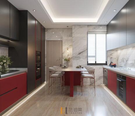 کابینت آشپزخانه مدرن در قرمز و سیاه با میز کار