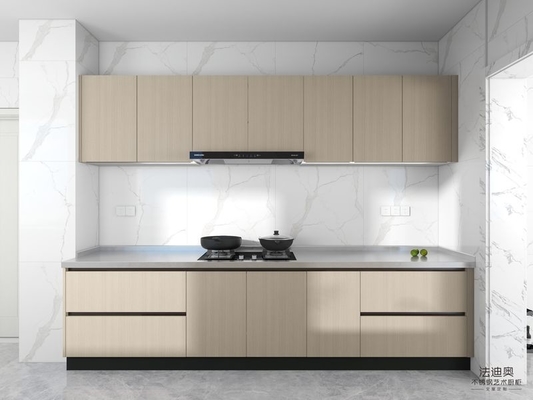 کابینت آشپزخانه خطی دوگانه فولاد ضد زنگ دانه چوب سبک با راه حل ذخیره سازی بهبود یافته