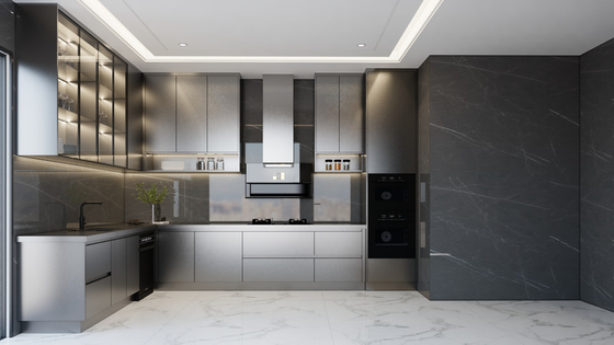 کابینت آشپزخانه فادیور فولاد ضد زنگ مشکی سیاه با روشنایی محیط زیر کابینت