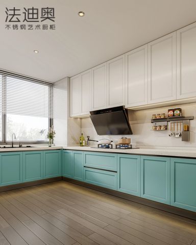 Fadior Stainless Steel Art Kitchen Cabinet - Turquoise & White Tone, L-Shaped Layout, Premium Hardware & Custom Storage - Revitalize your kitchen with the collectionâs stainless steel art with room context